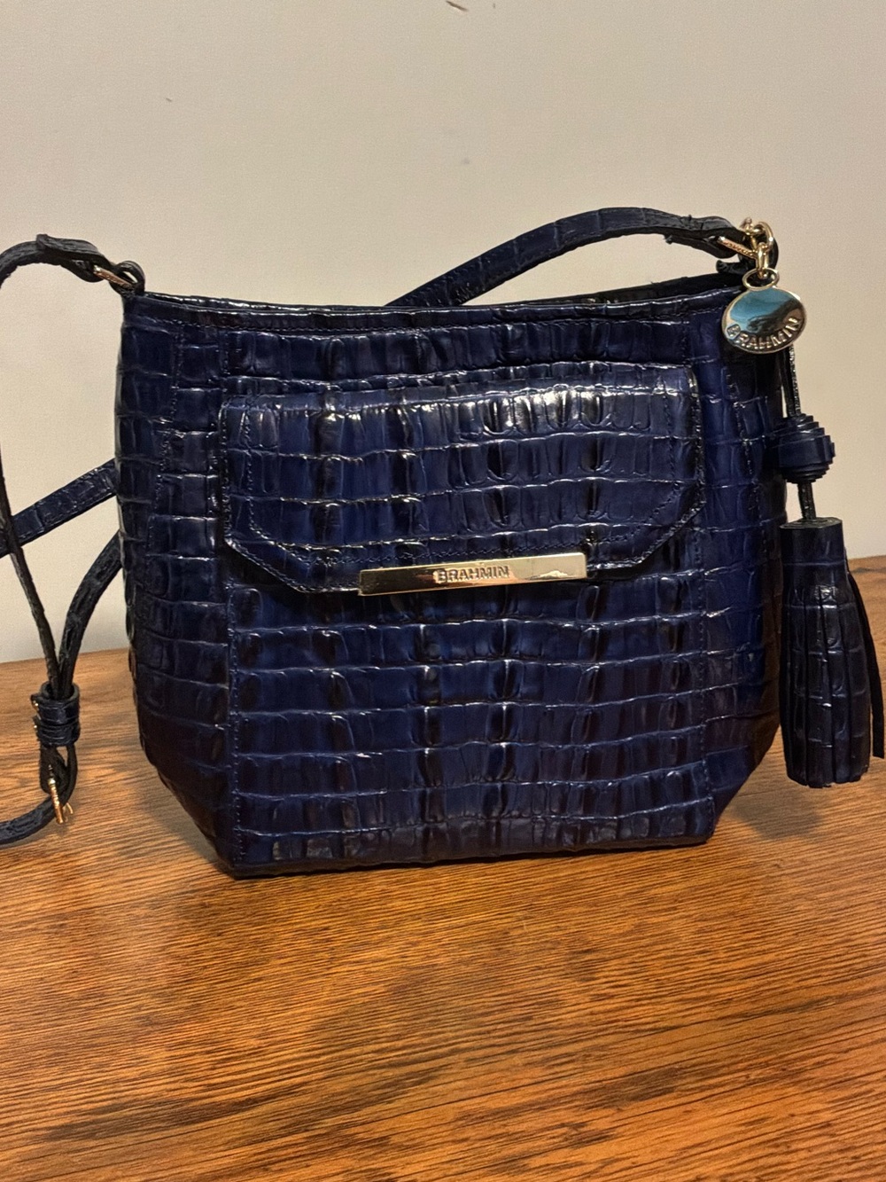 Brahmin Navy/Black Croc-Embossed Leather Crossbody
